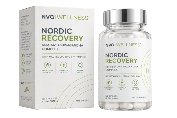 Nordic Recovery supplement bottle and carton packaging visual